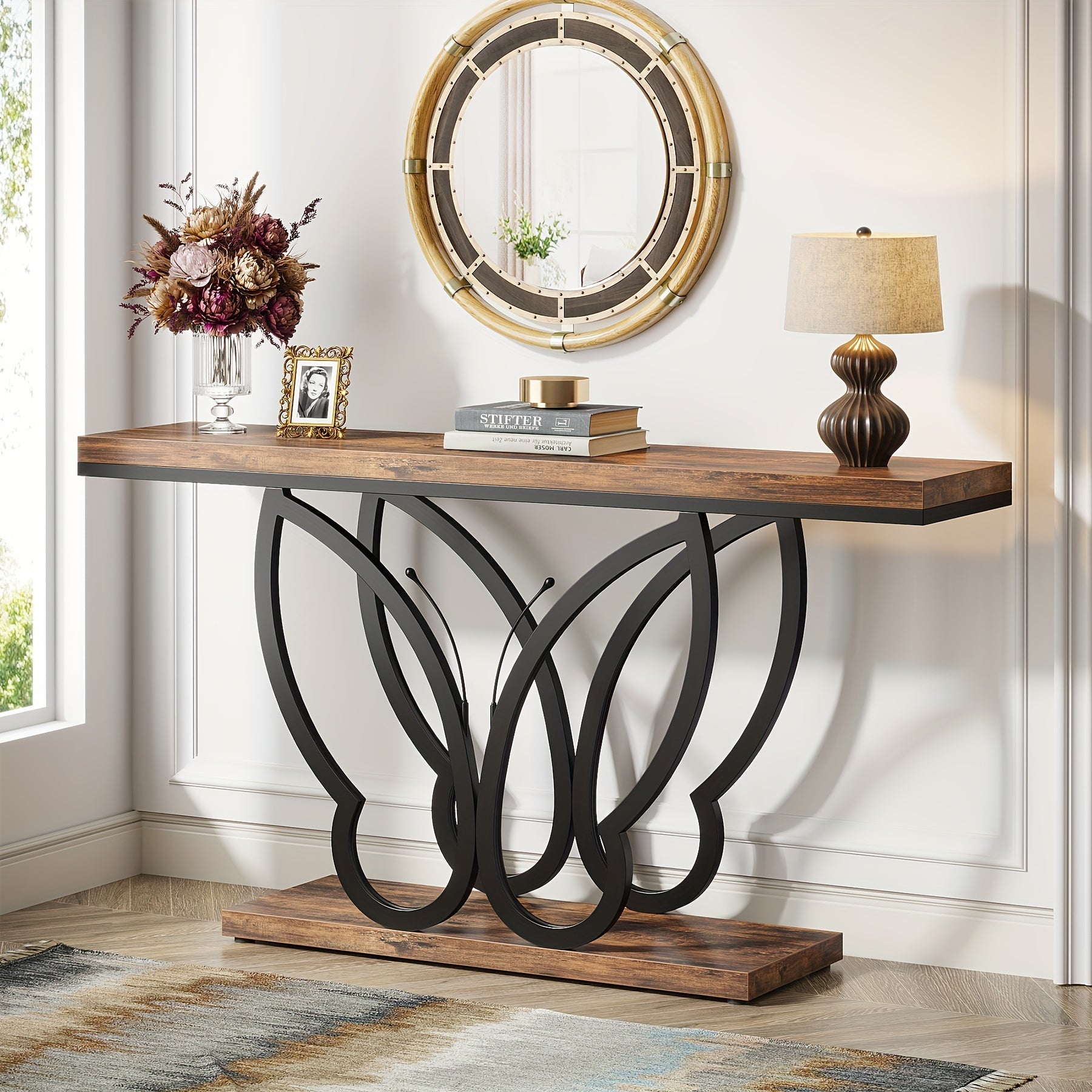 Chic 55-Inch Rustic Console Table with Butterfly Metal Frame - Farmhouse Style Wooden Sofa Table for Living Room, Hallway, Entryway - Durable & Weather-Resistant, Brown & Black