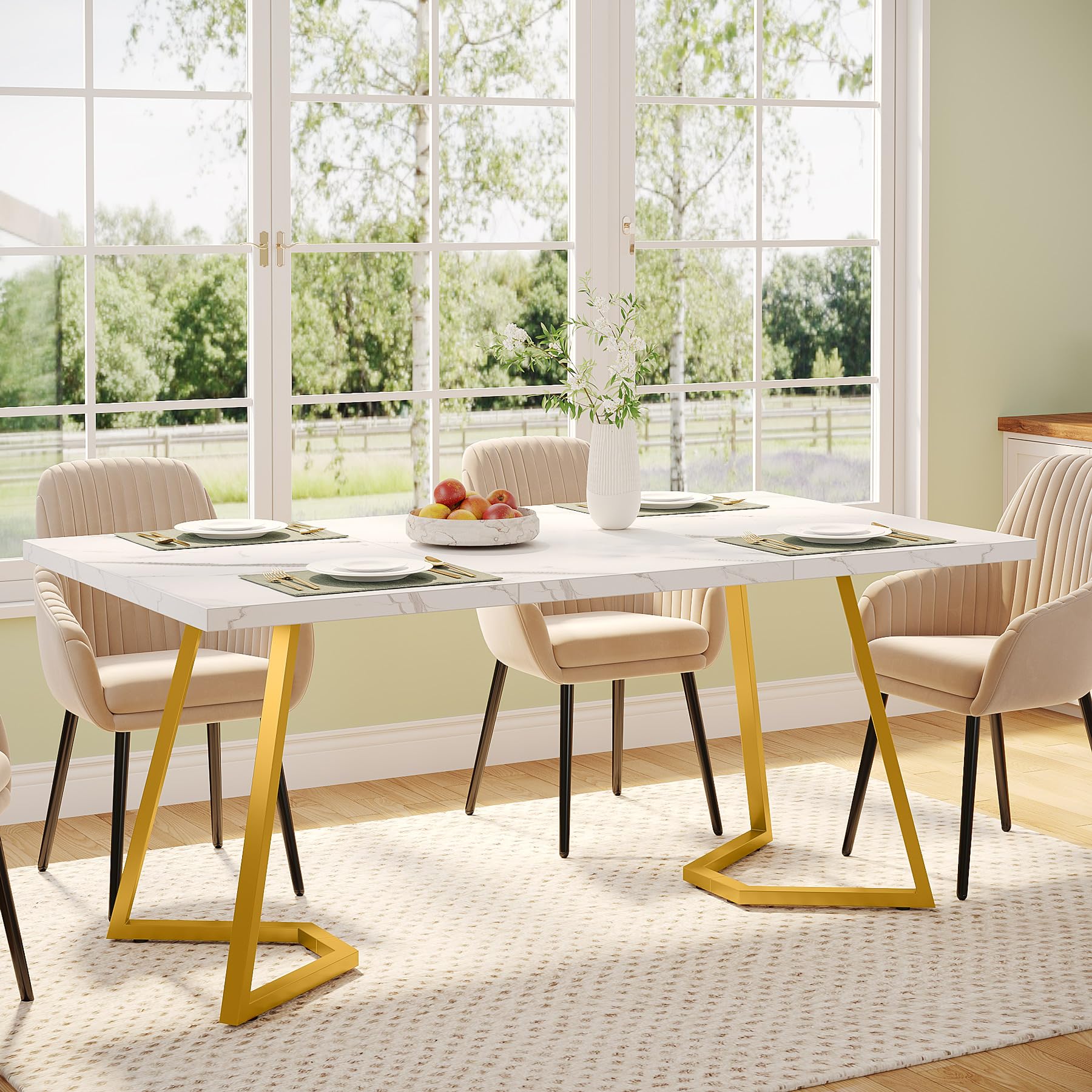 Gold Dining Dinner Table: 140cm Modern White Dining Room Table with Golden Legs, Faux Marble Small Kitchen Table for 6, Rectangular Dining Table for Apartment