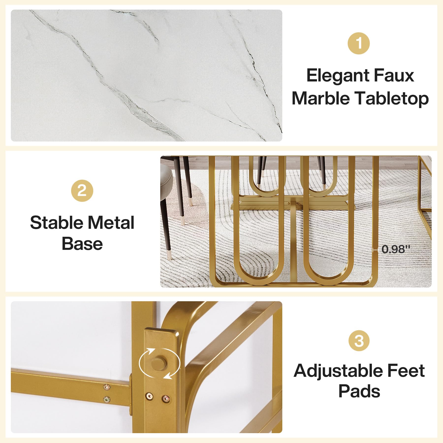 Modern Dining Table for 6-8, 180cm Rectangle Kitchen Table, Wood Dining Room Table with Faux Marble Tabletop and Golden Metal Legs, Large White Dinner Table for Dining Room (Table Only)