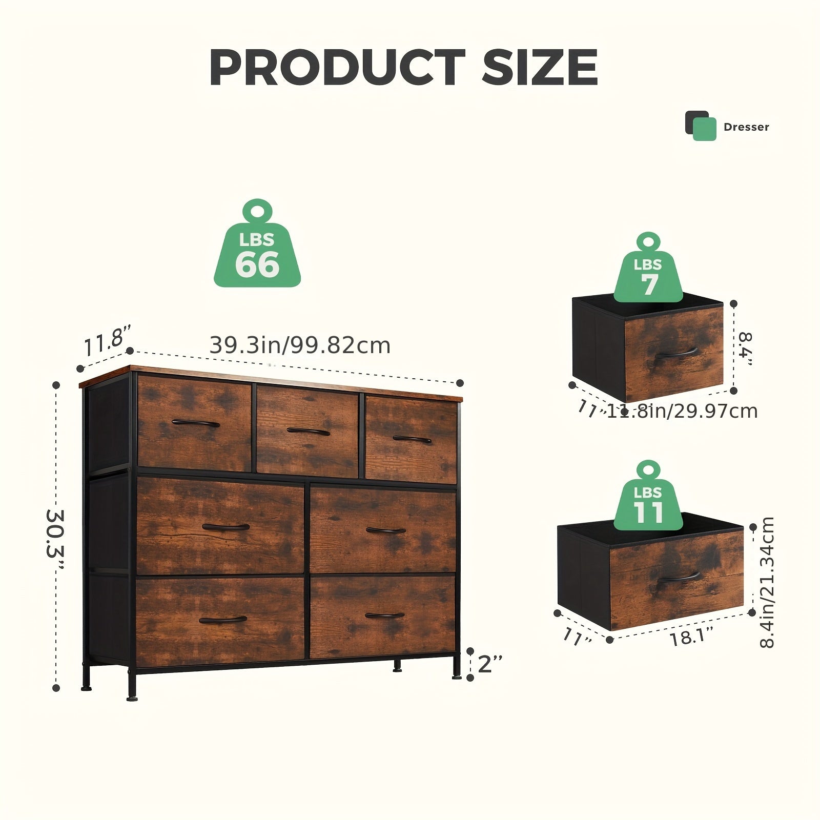 Dresser for Bedroom with 7 Fabric Drawers, Wide Chest Organizer Units for Clothing, Closet, Storage Tower with Cabinet, Metal Frame, Wooden Top, Lightweight Nursery Furniture Storage Drawer Units