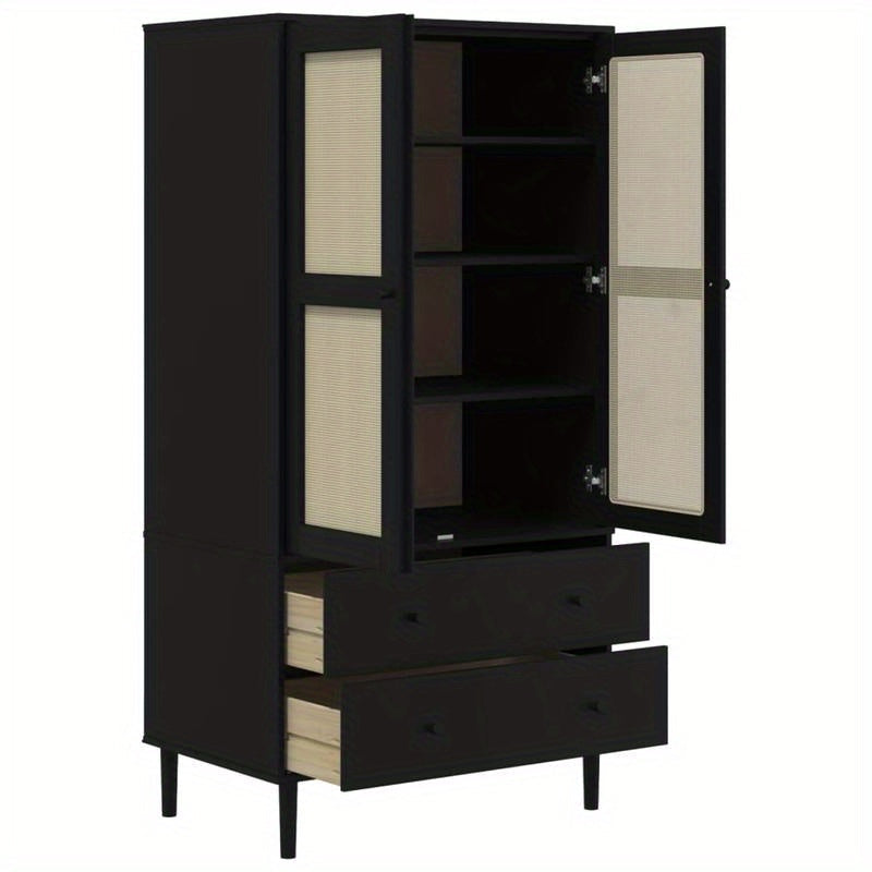 Wardrobe Rattan Look Black 35.4"x21.7"x68.9" Solid Pine