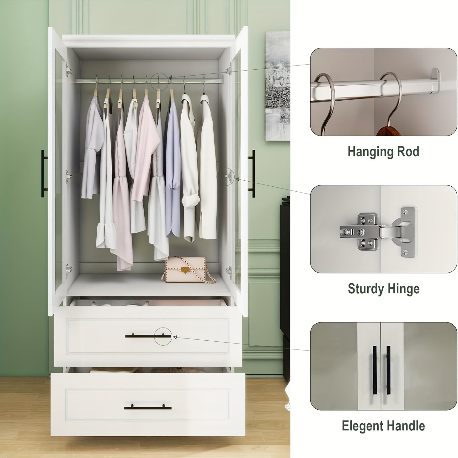 71" High White Wooden Wardrobe with Transparent Doors - Spacious Bedroom Armoire Closet Featuring 2 Drawers & Hanging Rods, Ideal for Stylish Storage, Bedroom Decor And Accessories