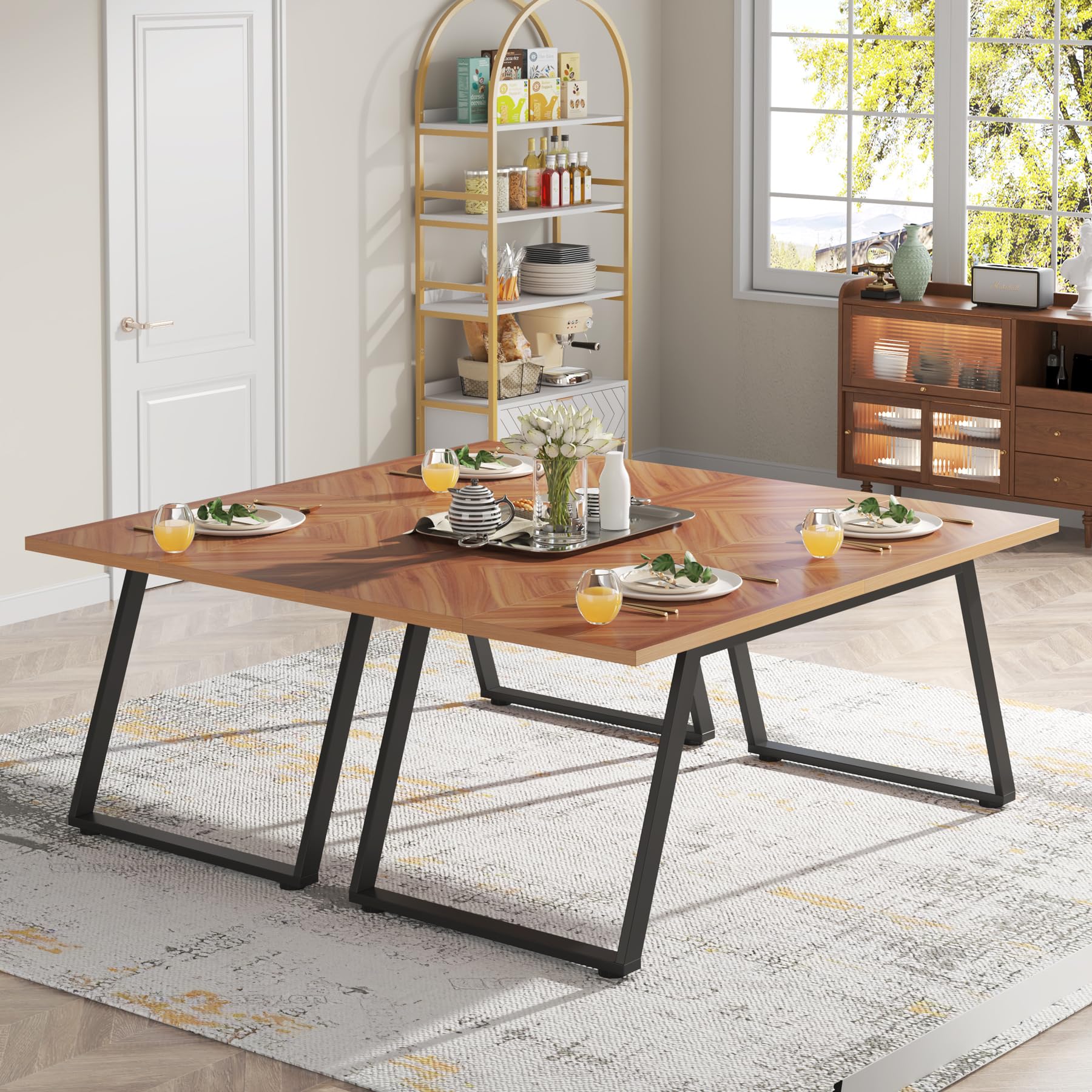 Dining Room Table, Industrial Walnut 160cm W Rectangle Wooden Kitchen Table with Steel Legs Metal Frame, Farmhouse Patio Dinner Table for 6 for Kitchen, Backyard, Home Office