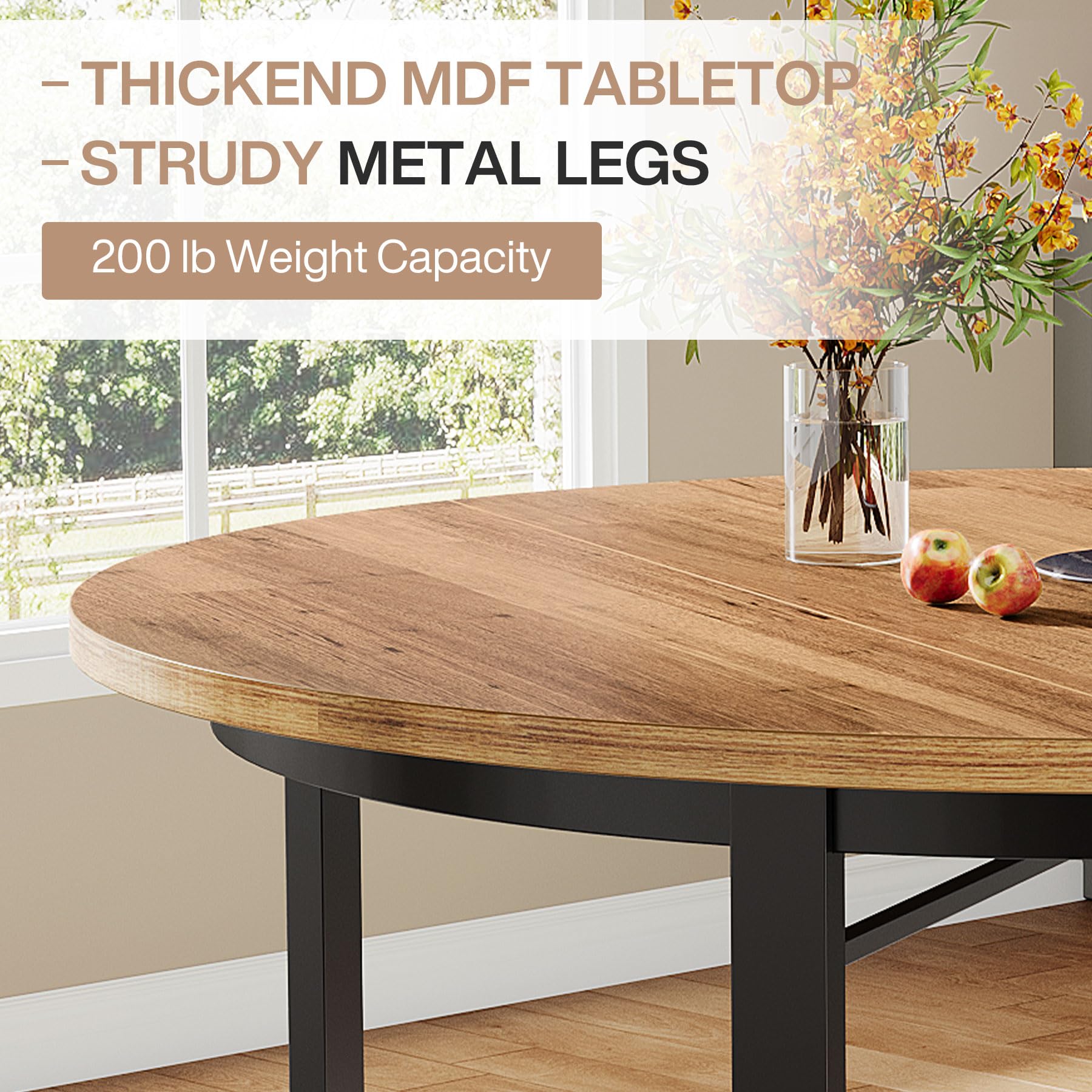 Round Dining Table for 4-6 People 119cm Farmhouse Kitchen Table Dining Room Table with Solid Metal Legs Circle Dinner