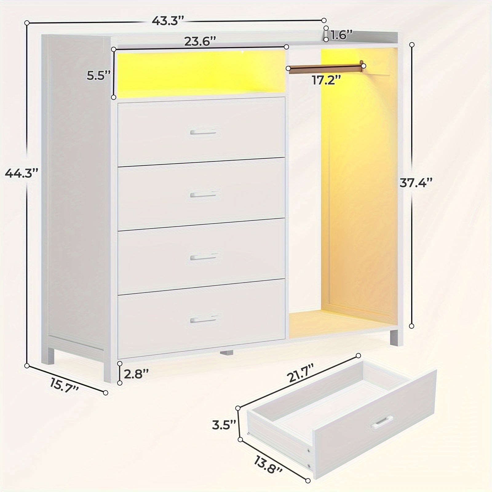 Modern White 4-Drawer Dresser with LED Lights - Versatile Storage Chest for Bedroom, Includes Clothes Rail & Open Shelf