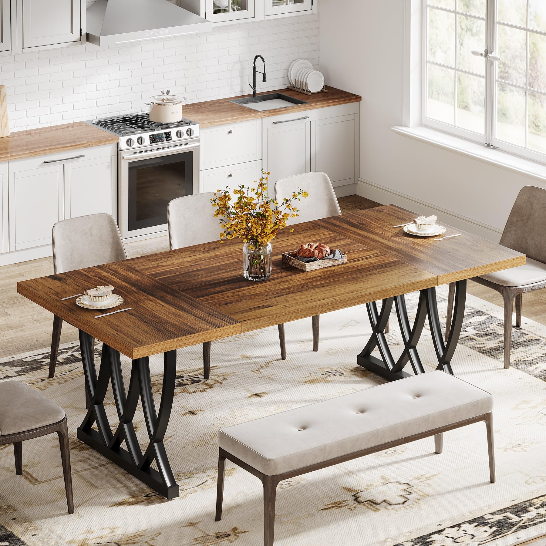 Dining Table for 6-8 People 180cm Rectangle Wood Kitchen Table Dinner Table with Heavy Duty Metal Frame for Kitchen