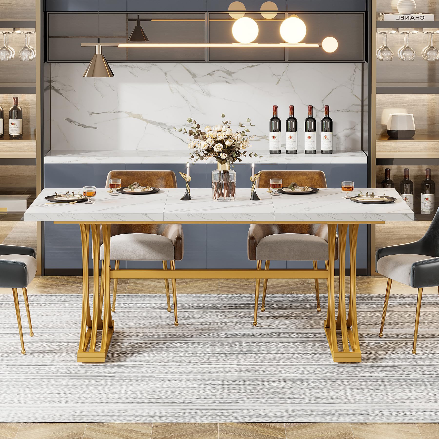 Modern Dining Table with Heavy-Duty Trestle Leg, 180cm Rectangular Kitchen Table for 4, Dinner Table with Faux Marble Table Top, White and Gold （Chair Not Included）