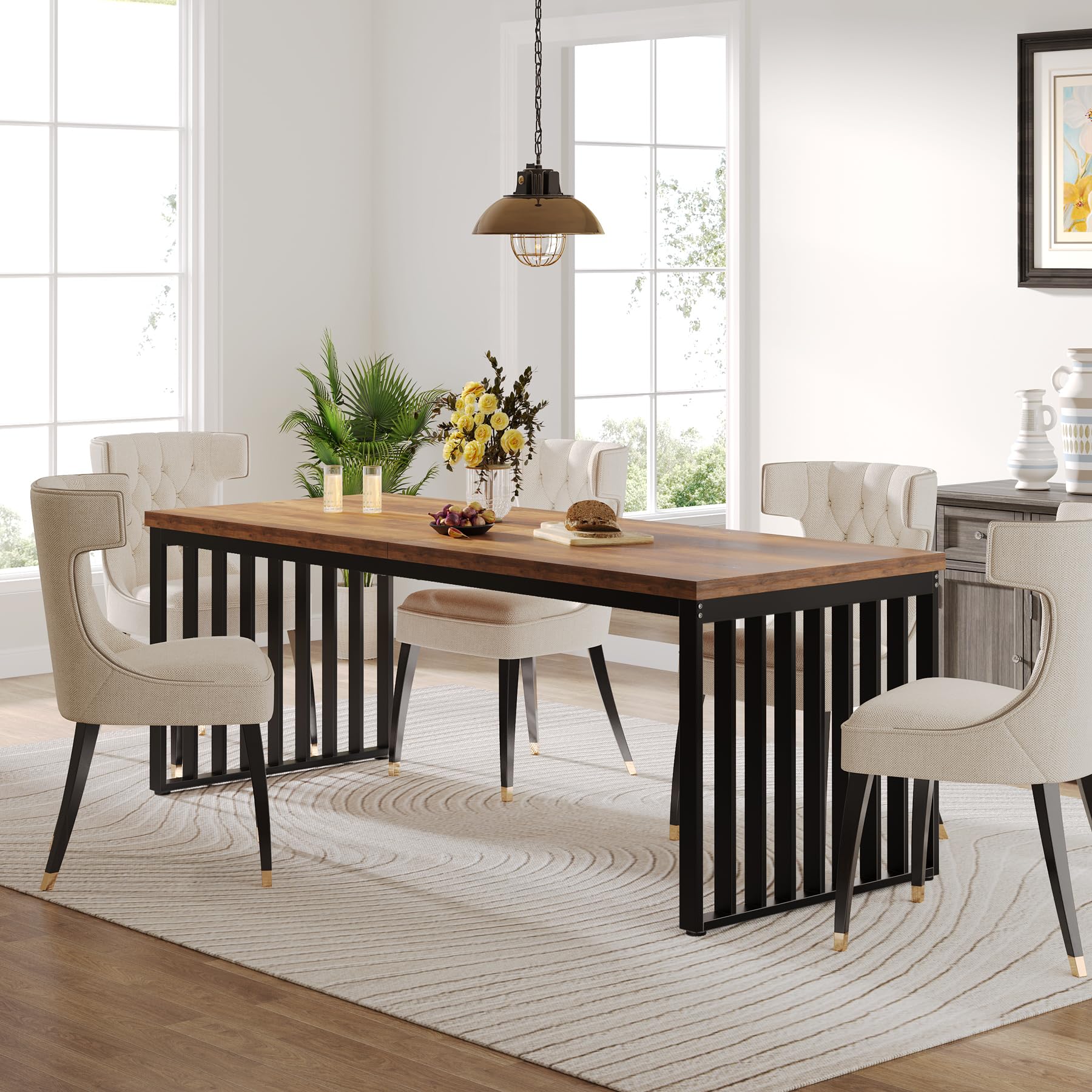 Industrial Dining Table for 6-8 Person, 203cm Long Rectangle Dining Table Wood Kitchen Table with Heavy Duty Metal Frame for Living Room and Dining Room (Without Chair) (Brown & Black)