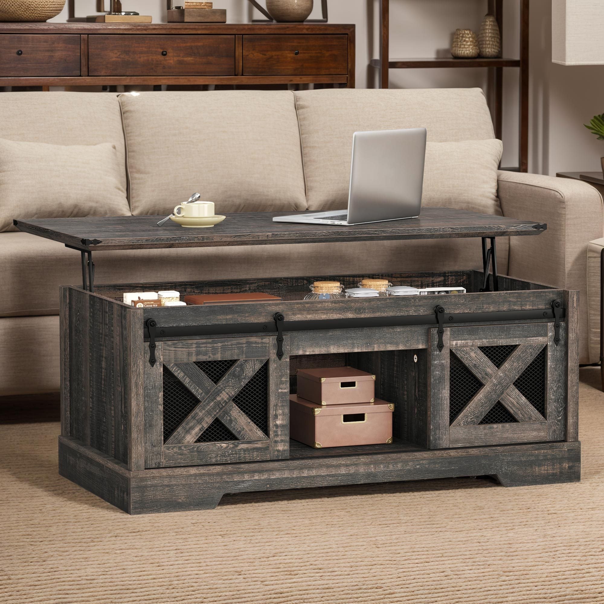 Rustic Oak Center Table with Lift- Top and Storage for Cozy Living Space Thanksgiving Christmas Day Gift - Black