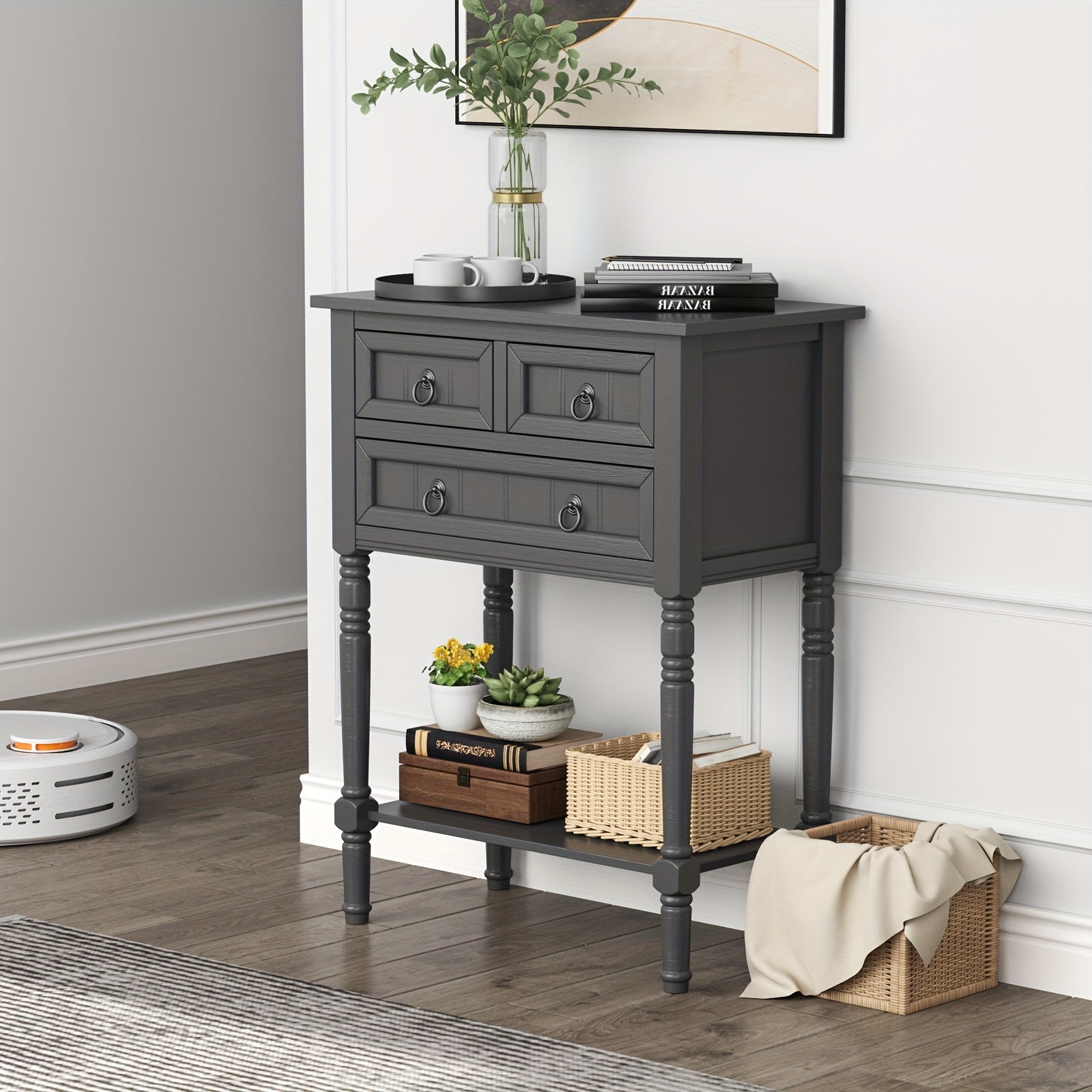 1pc Modern Wood Console Entryway Table With 3 Drawers And Open Shelf, Dark Grey, 31" H X 24" W, For Hallway And Living Room Storage, Home Decor