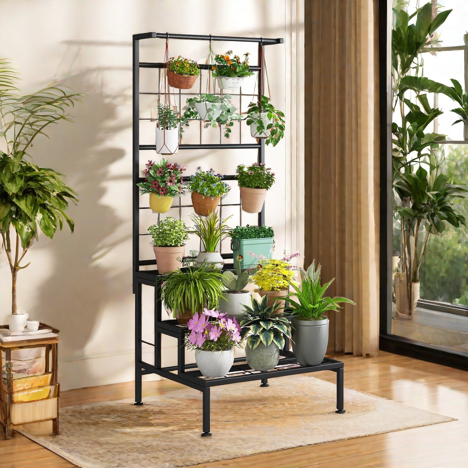 Plant Stand 3-Tier Hanging Shelves Flower Pot Organizer Multiple Flower Display Holder Indoor Outdoor Heavy Duty Potted Planter Rack Unit with Grid Panel, size 23.62 x 21.25 x 62.14 inches