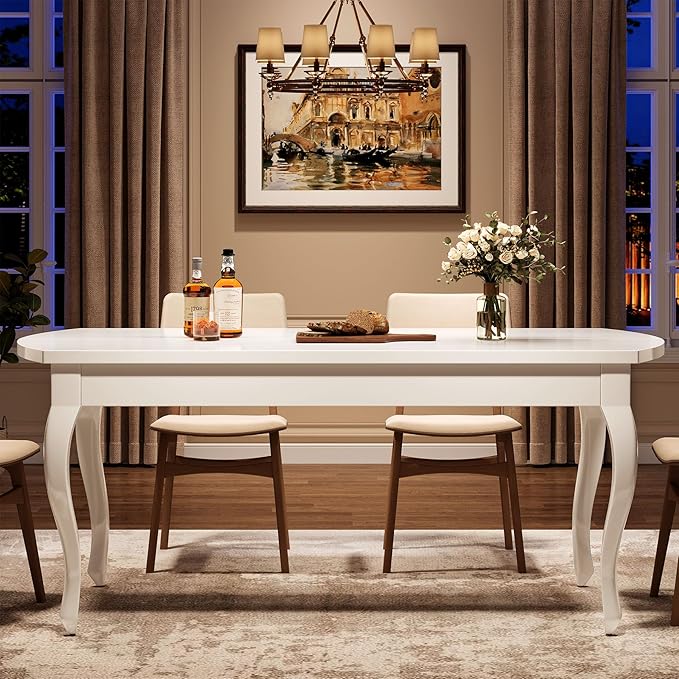 160cm White Dining Table for 4-6 People, Modern Rectangular Dining Room Table with Chic Cabriole Legs, Large Wood Kitchen Table Dinner Table for Dining Room, Living Room, Kitchen