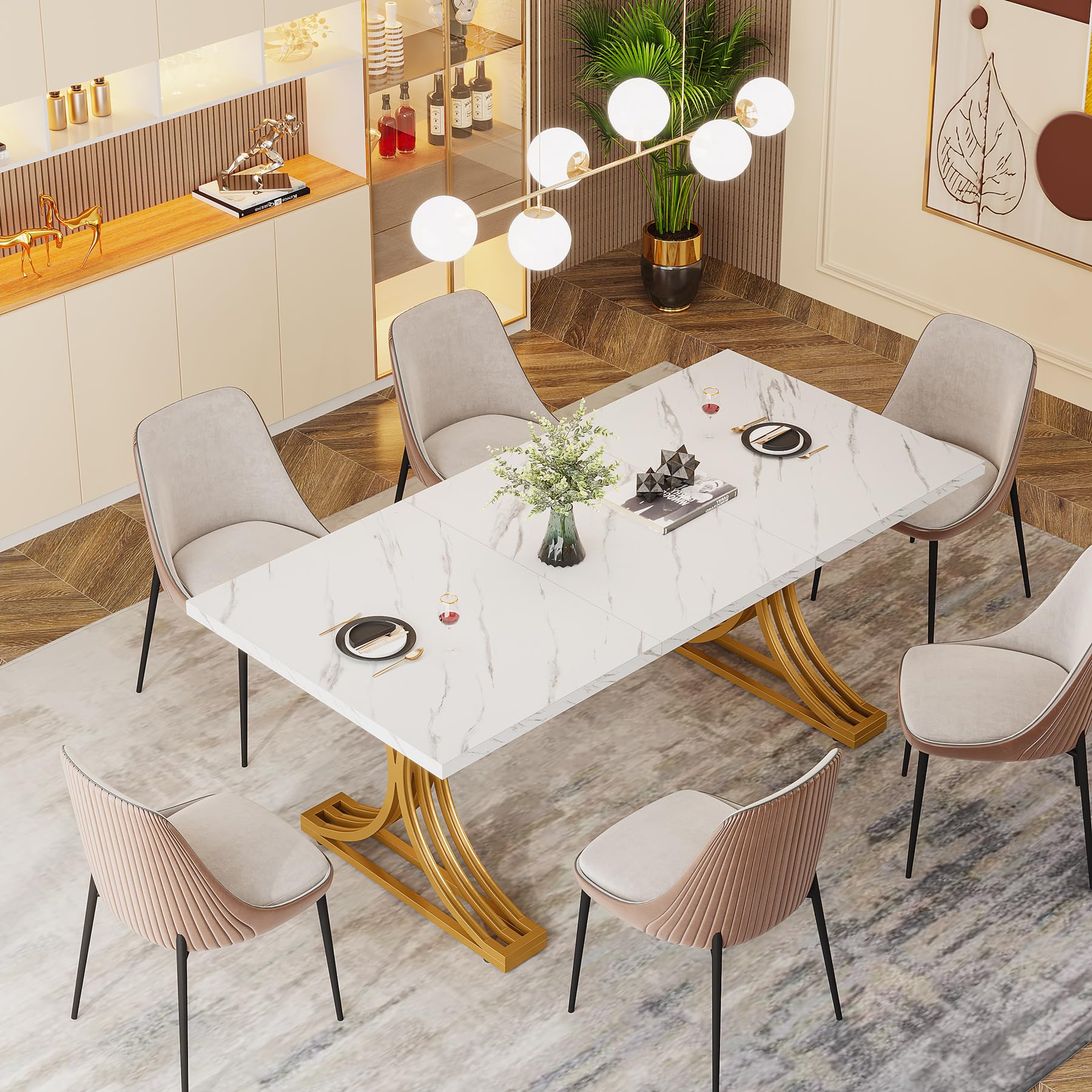 Modern Dining Table with Heavy-Duty Trestle Leg, 180cm Rectangular Kitchen Table for 4, Dinner Table with Faux Marble Table Top, White and Gold （Chair Not Included）