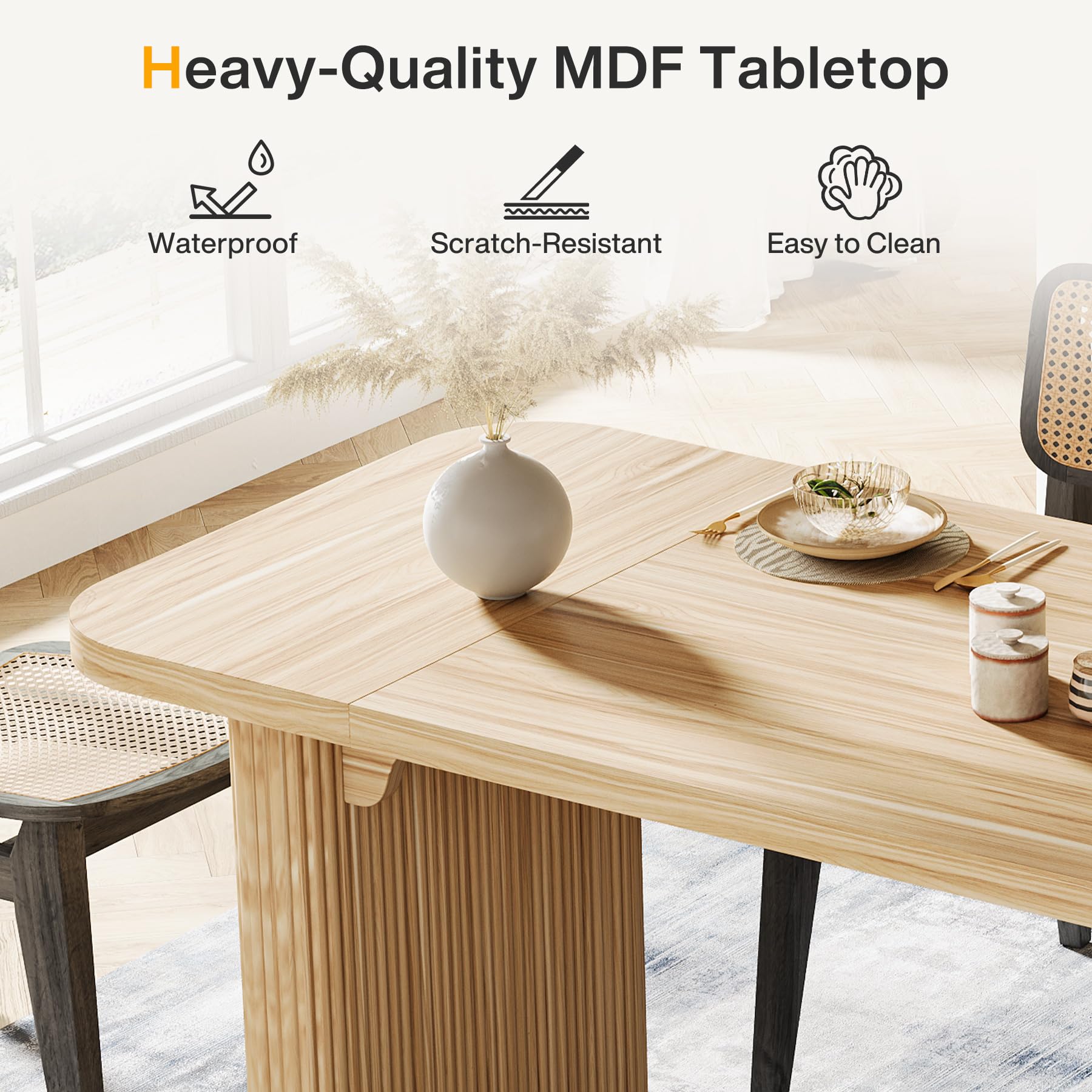 Farmhouse Dining Table for 4-6 People, 160cm Modern Kitchen Table with Double Robust Pedestal, Long Rectangular Wooden Dinner Table for Dining Room (Only Table) (Natural)