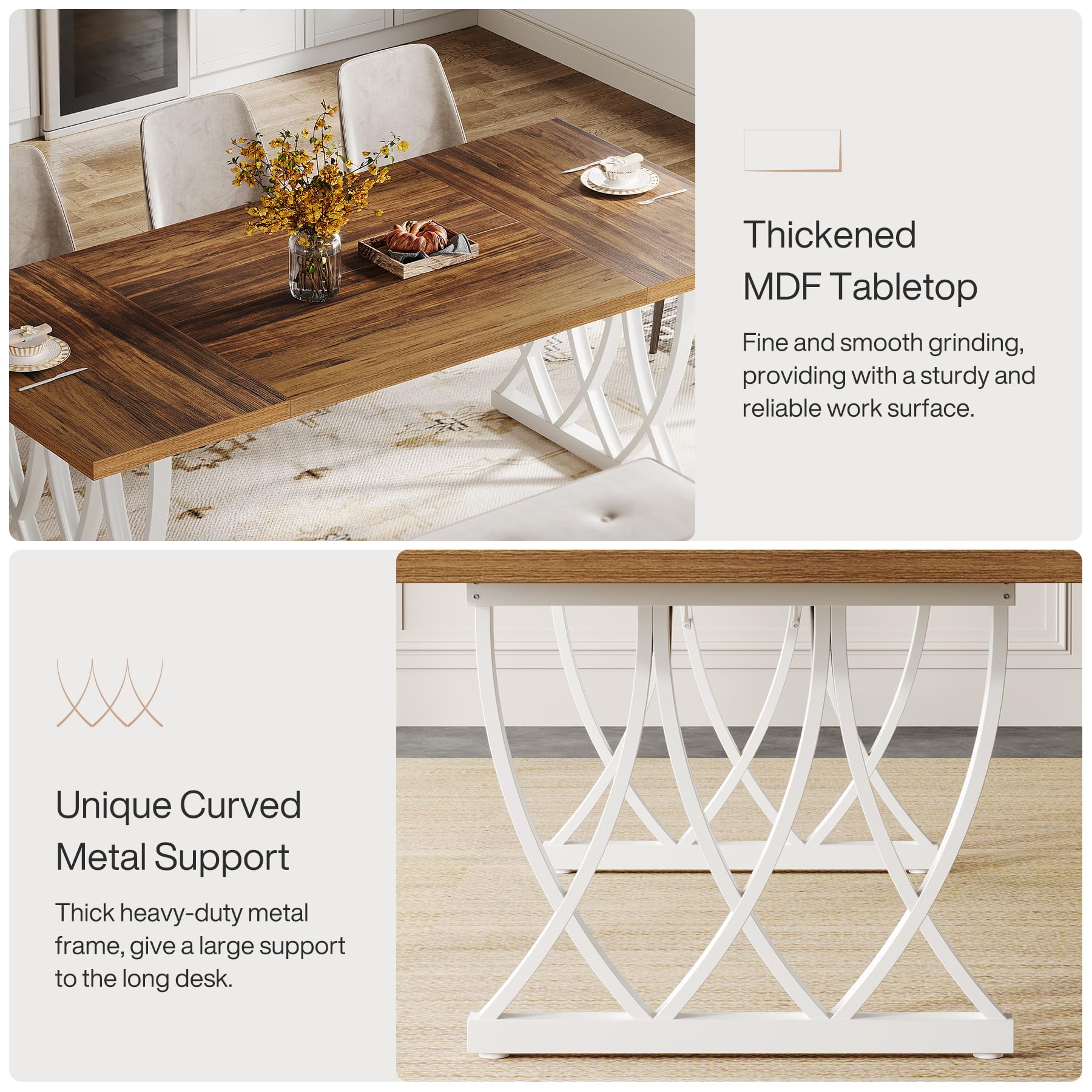 Dining Table for 6-8 People 180cm Rectangle Wood Kitchen Table Dinner Table with Heavy Duty Metal Frame for Kitchen