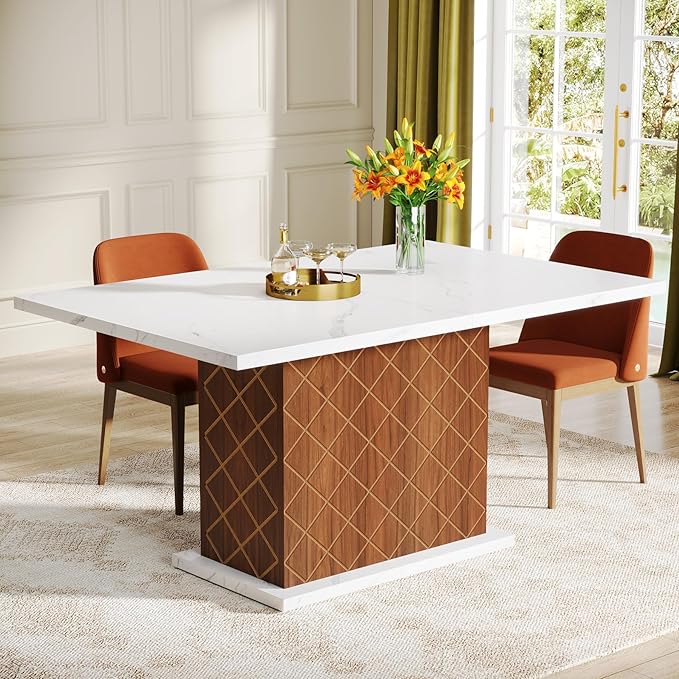 120cm Dining Table for 2-4, Modern Kitchen Table, Small Rectangular Dinner Table with Faux Marble Top & Wood Pedestal Base for Dining Room, Home, Small Space, White/Walnut