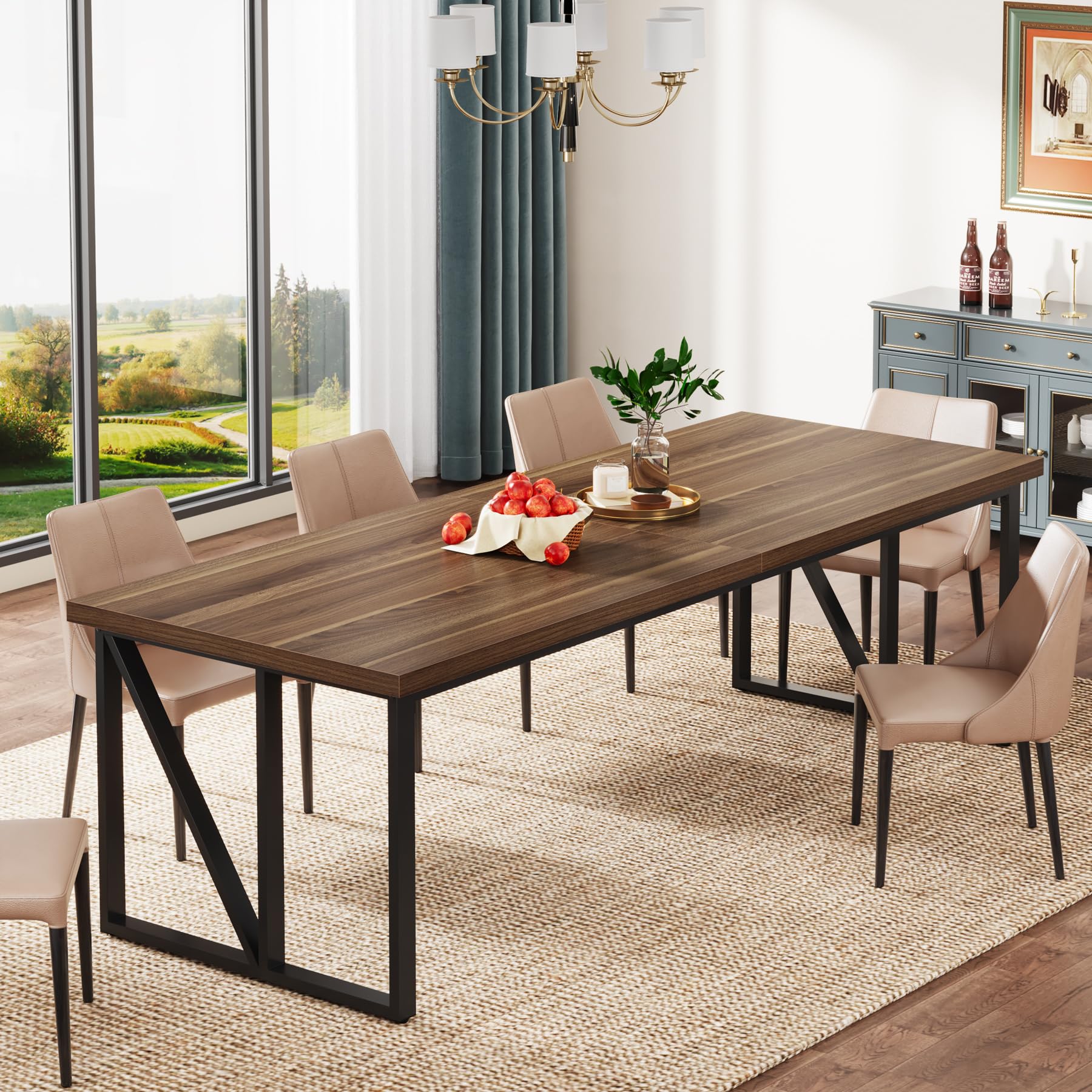 Dining Room Kitchen Table: 200cm Rectangular Long Dining Table for 8-10 People, Wood Large Kitchen Table with Heavy-Duty Frame, Farmhouse Dinner Table for Family