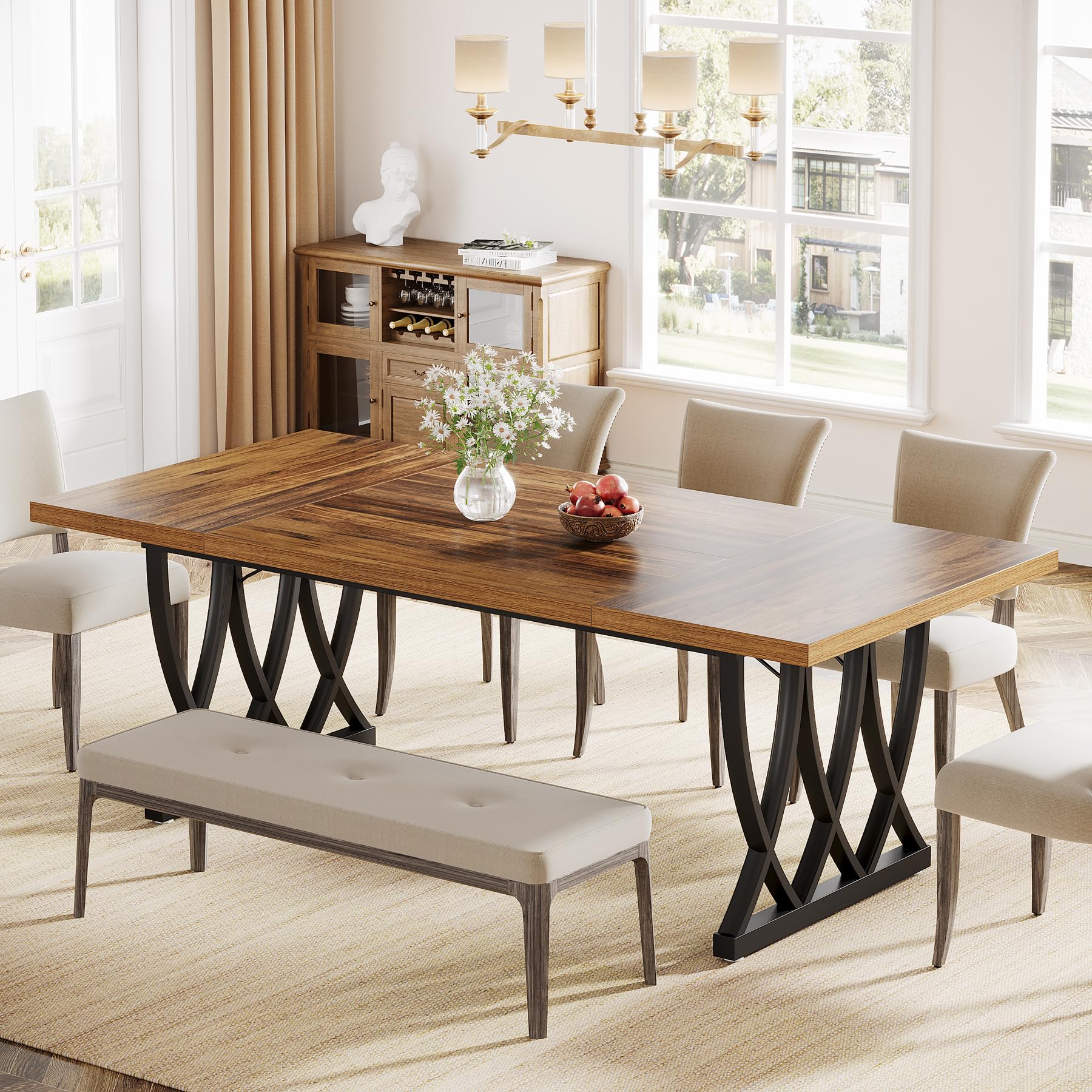 Dining Table for 6-8 People 180cm Rectangle Wood Kitchen Table Dinner Table with Heavy Duty Metal Frame for Kitchen