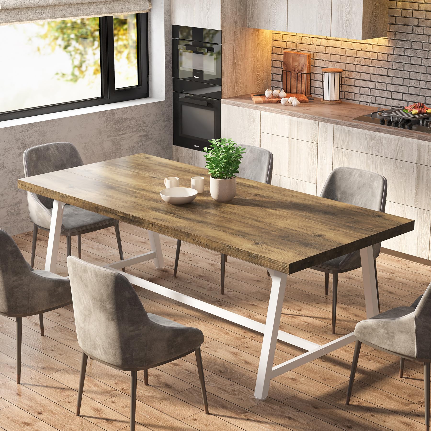 Dining Table for 8 People, 180cm Rectangular Wood Kitchen Table with Strong Metal Frame, Industrial Large Long Dining Room Table for Big Family (Rustic Brown)