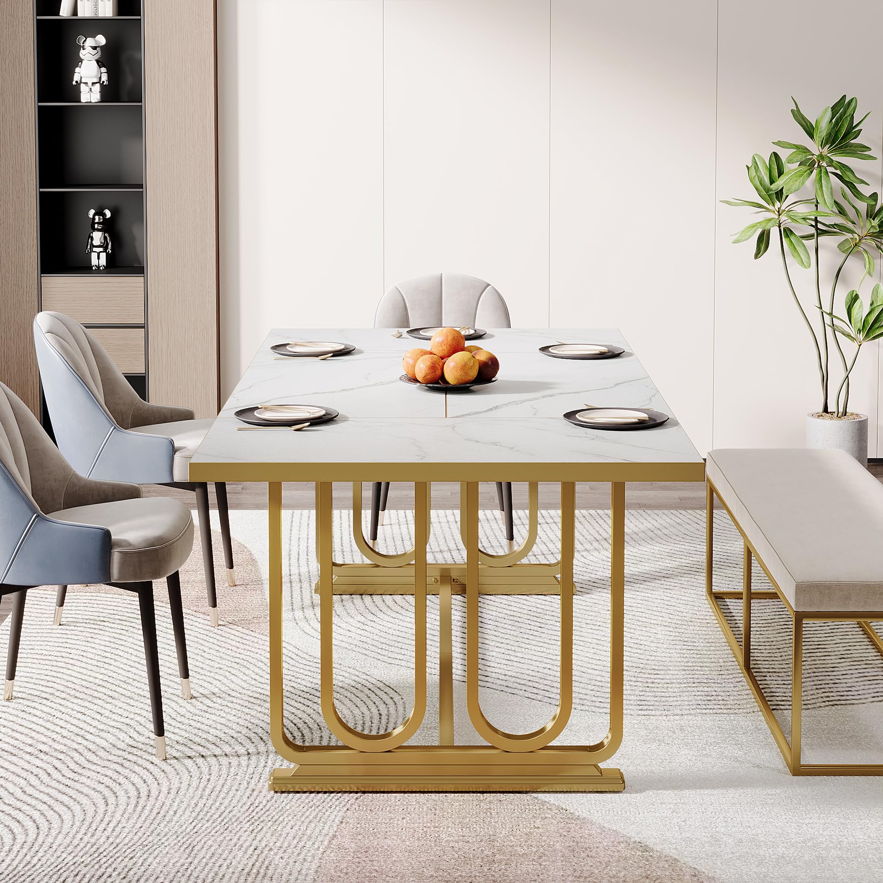 Modern Dining Table for 6-8, 180cm Rectangle Kitchen Table, Wood Dining Room Table with Faux Marble Tabletop and Golden Metal Legs, Large White Dinner Table for Dining Room (Table Only)