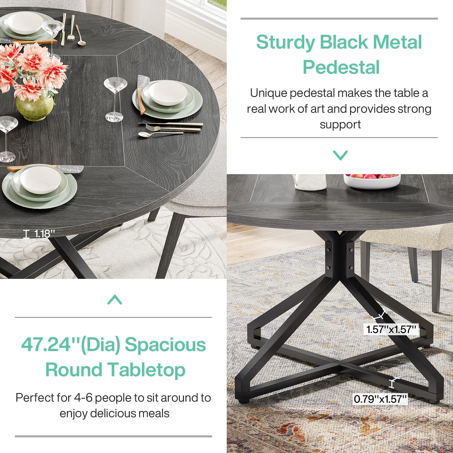 Round Dining Table for 4-6 People 119cm Circle Kitchen Table Dining Room Table with Metal Pedestal Base Wood Dinner