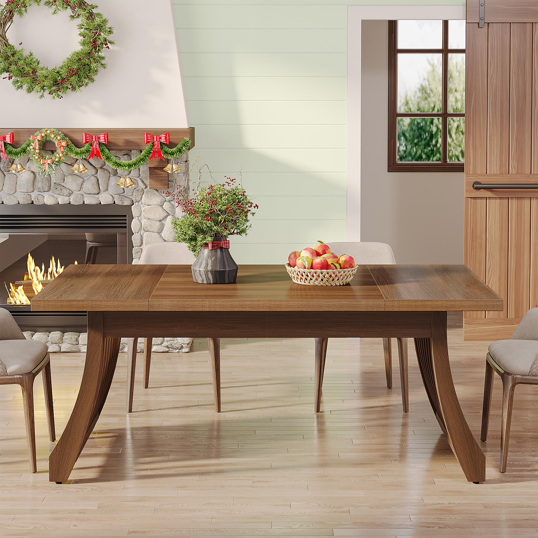 Wood Dining Room Table: 158cm Rectangular Dining Table for 6 People Farmhouse Wooden Kitchen Table with Heavy-Duty