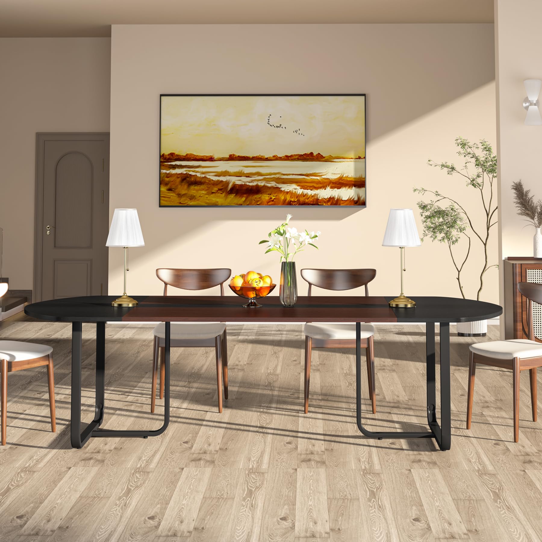 180cm Modern Oval Dining Table with Walnut and Black Finish Splicing Board, Curved Kitchen Tables for 6-8, Large Dining Room Table with Stylish Metal Legs (Walnut+Black)