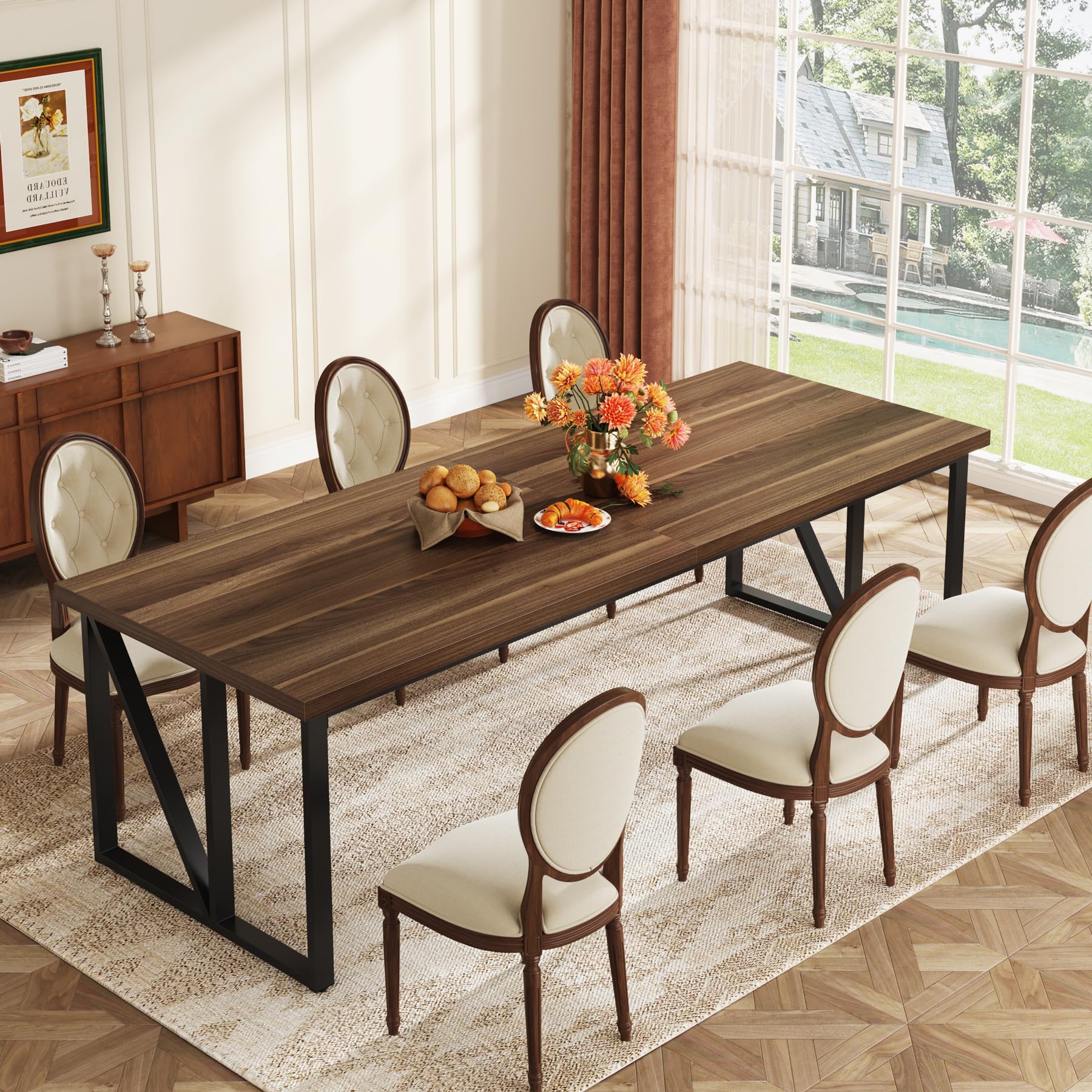 Dining Room Kitchen Table: 200cm Rectangular Long Dining Table for 8-10 People, Wood Large Kitchen Table with Heavy-Duty Frame, Farmhouse Dinner Table for Family