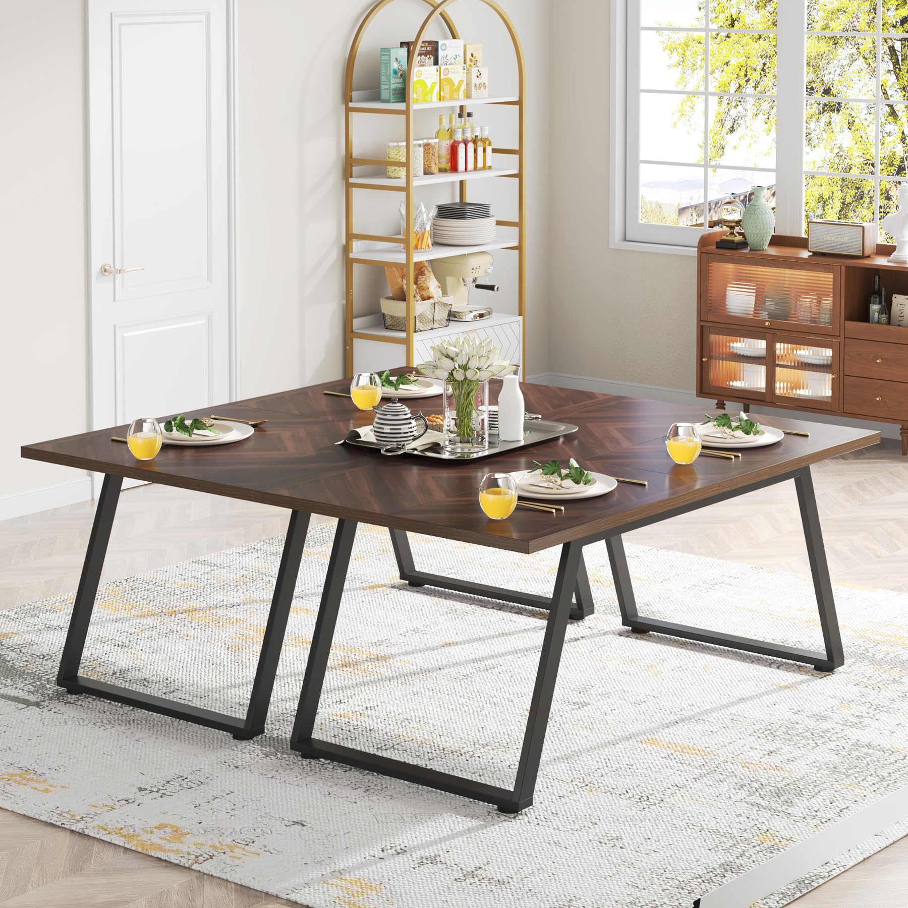 Dining Room Table, Industrial Walnut 160cm W Rectangle Wooden Kitchen Table with Steel Legs Metal Frame, Farmhouse Patio Dinner Table for 6 for Kitchen, Backyard, Home Office