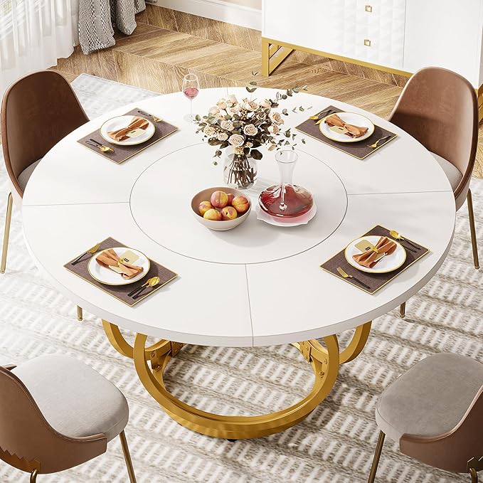 Modern Round Dining Table for 4, 119cm White Kitchen Table with Golden Metal Base, Wood Dinner Table Coffee Table for Kitchen, Dining Room, Café (White and Gold)