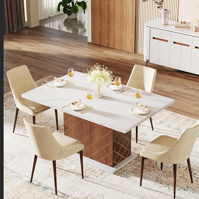 120cm Dining Table for 2-4, Modern Kitchen Table, Small Rectangular Dinner Table with Faux Marble Top & Wood Pedestal Base for Dining Room, Home, Small Space, White/Walnut