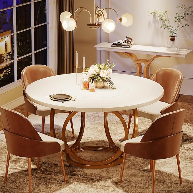 Modern Round Dining Table for 4, 119cm White Kitchen Table with Golden Metal Base, Wood Dinner Table Coffee Table for Kitchen, Dining Room, Café (White and Gold)