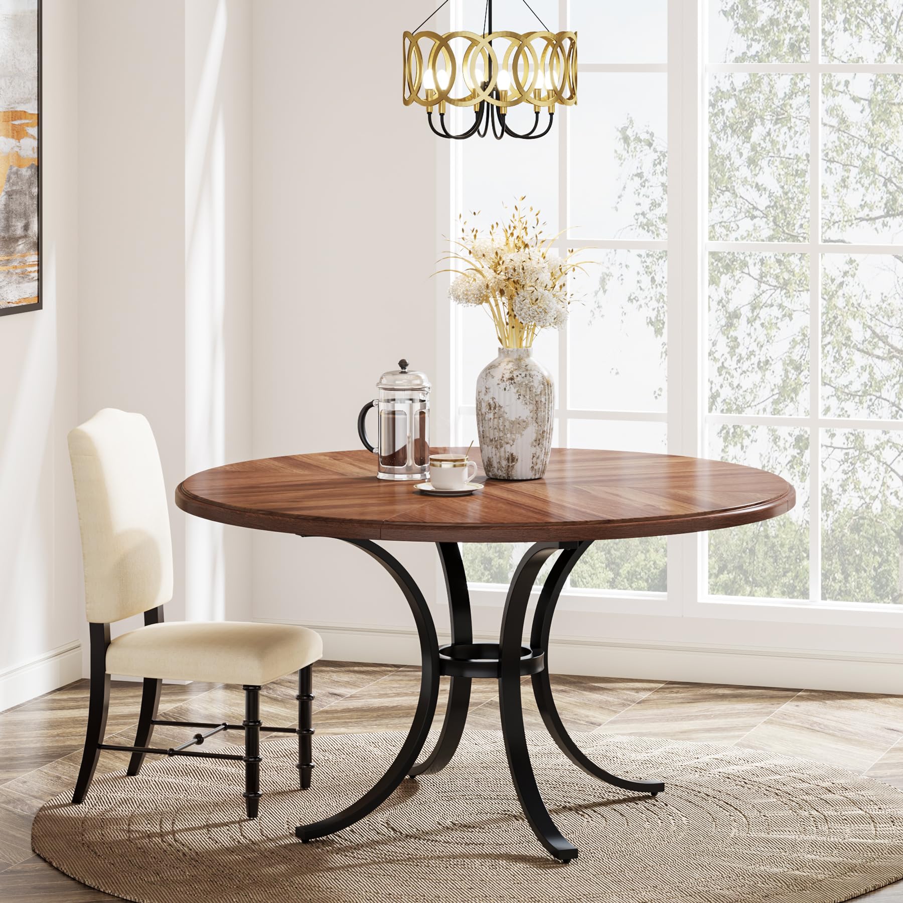 120cm Round Dining Table for 4-6 People Farmhouse Kitchen Table with Wooden Texture Surface & Pedestal Round Table