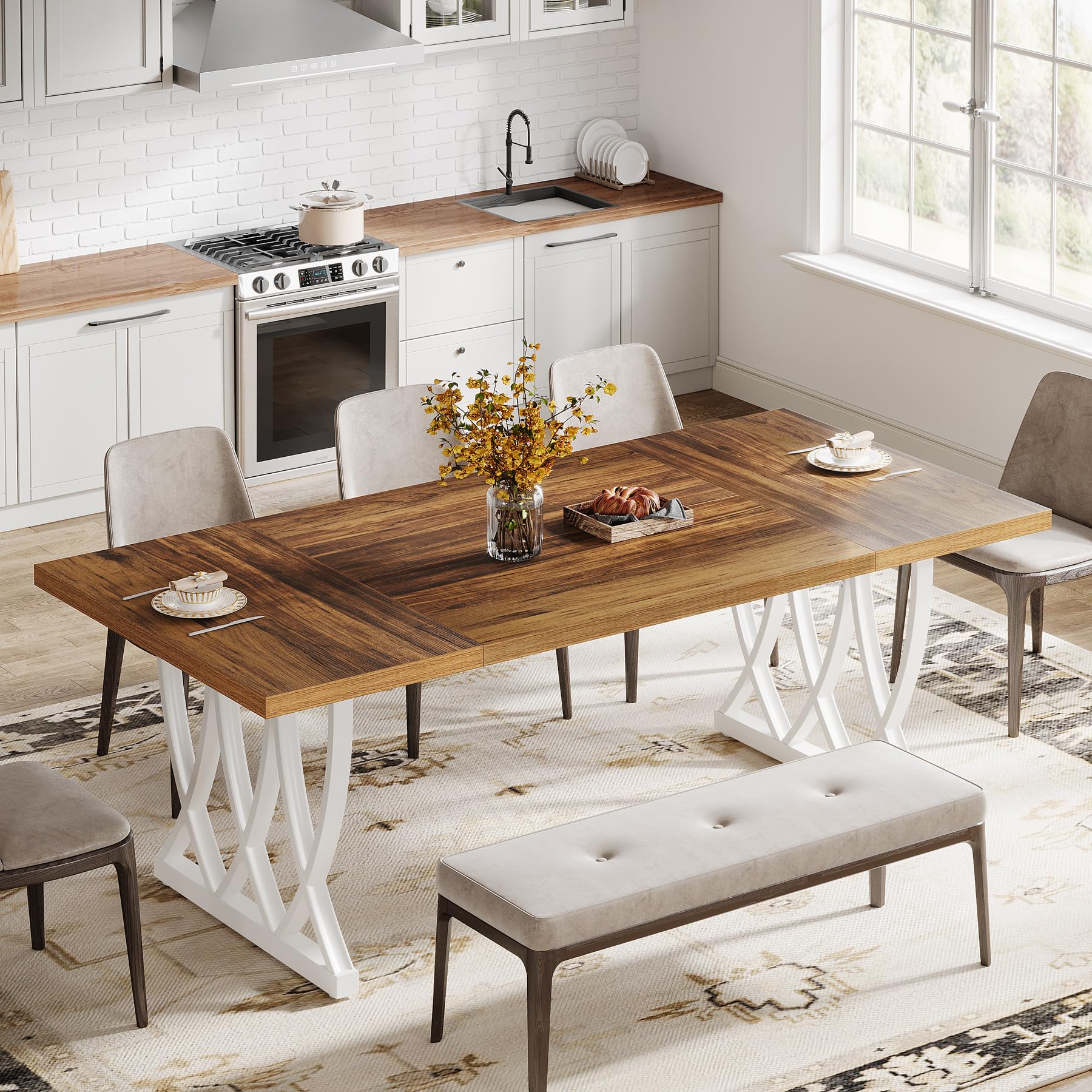 Dining Table for 6-8 People 180cm Rectangle Wood Kitchen Table Dinner Table with Heavy Duty Metal Frame for Kitchen