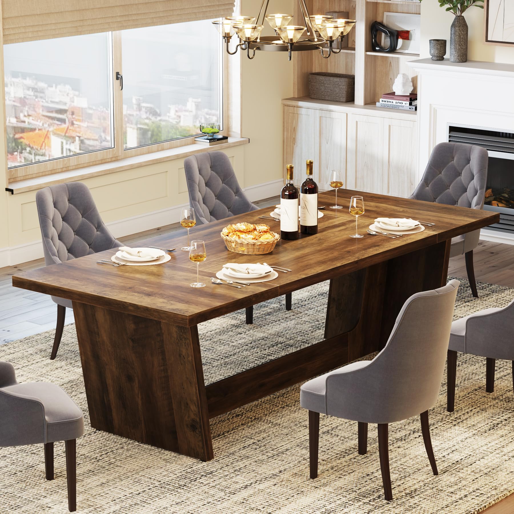 180cm Dining Room Table: Wood Large Dining Table for 6-8 People, Rectangular Farmhouse Kitchen Table with Solid Pedestal, Rustic Long Dinner Table for Big Family