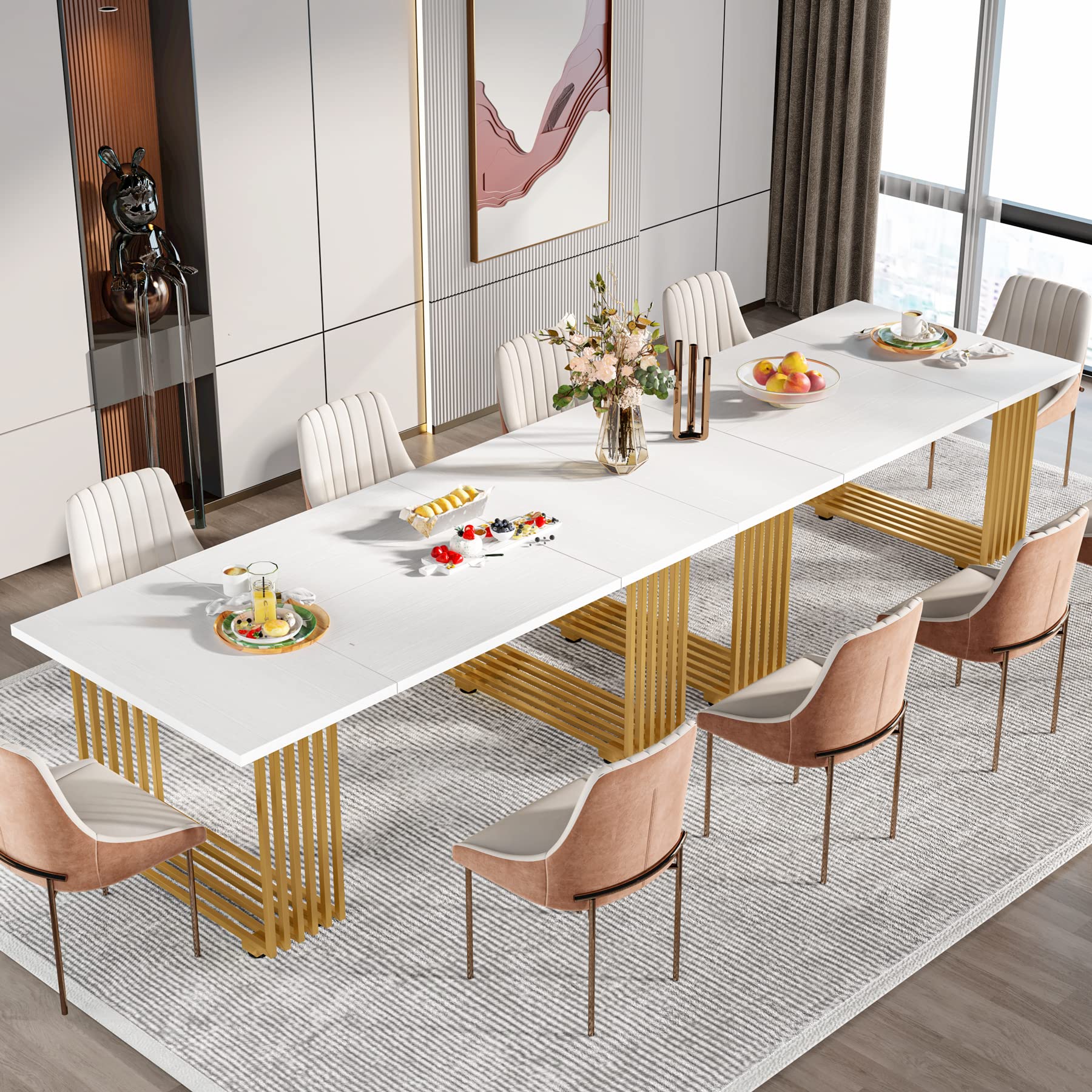 Modern Dining Table for 6-8 People, 180cm White Dining Room Table, Wooden Kitchen Table, Rectangular Dinner Table for Dining Room Family Gathering