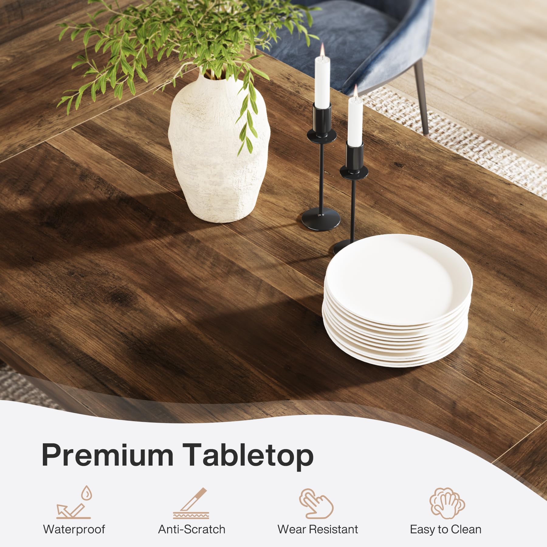 180cm Dining Room Table: Wood Large Dining Table for 6-8 People, Rectangular Farmhouse Kitchen Table with Solid Pedestal, Rustic Long Dinner Table for Big Family