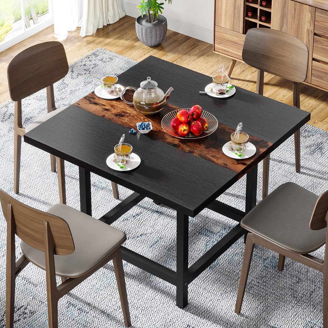 Square Dining Table for 4 People, Farmhouse 101cm Wooden Kitchen Table, Farmhouse 2 Person Dinning Table for Dinning Room &Small Space, Black&Retro (Rusitc&Black)