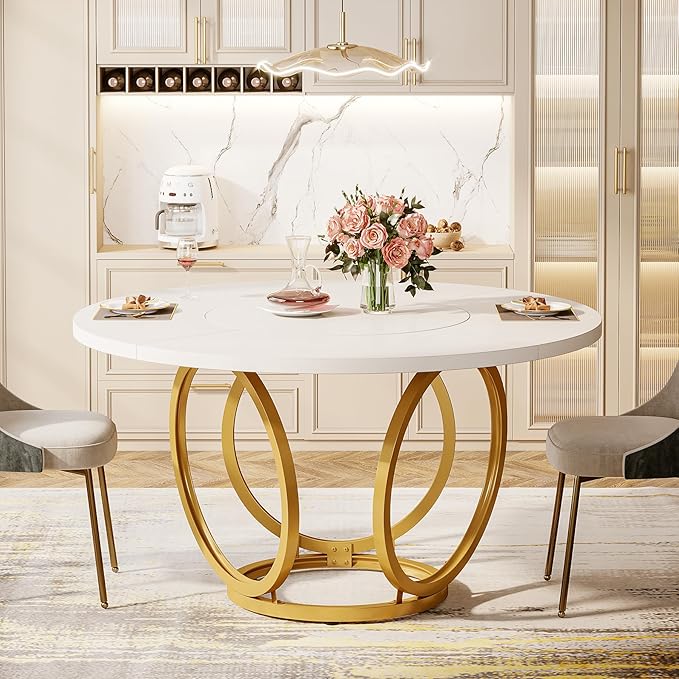 Modern Round Dining Table for 4, 119cm White Kitchen Table with Golden Metal Base, Wood Dinner Table Coffee Table for Kitchen, Dining Room, Café (White and Gold)