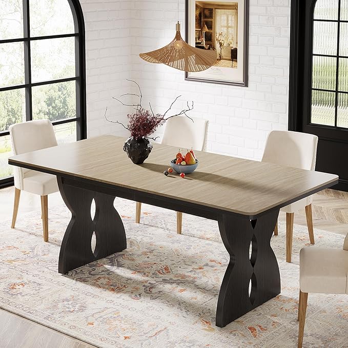 180cm Long Dining Table for 6 to 8 People, Modern Wood Dining Room Table with Large Tabletop, Farmhouse Rectangle Kitchen Tablee with Heavy Duty Pedestal for Dining Room, Beige and Black