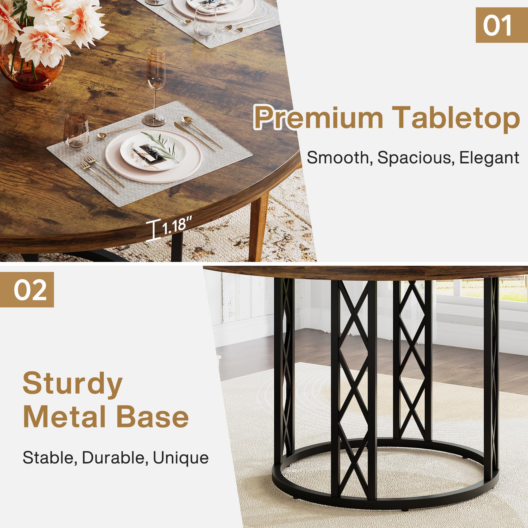 Round Dining Table for 4 People: 120cm Modern Kitchen Table with Wood Grain Surface & Metal Base, Rustic Round Table for Dining Room, Living Room, Brown & Black（Only Table）