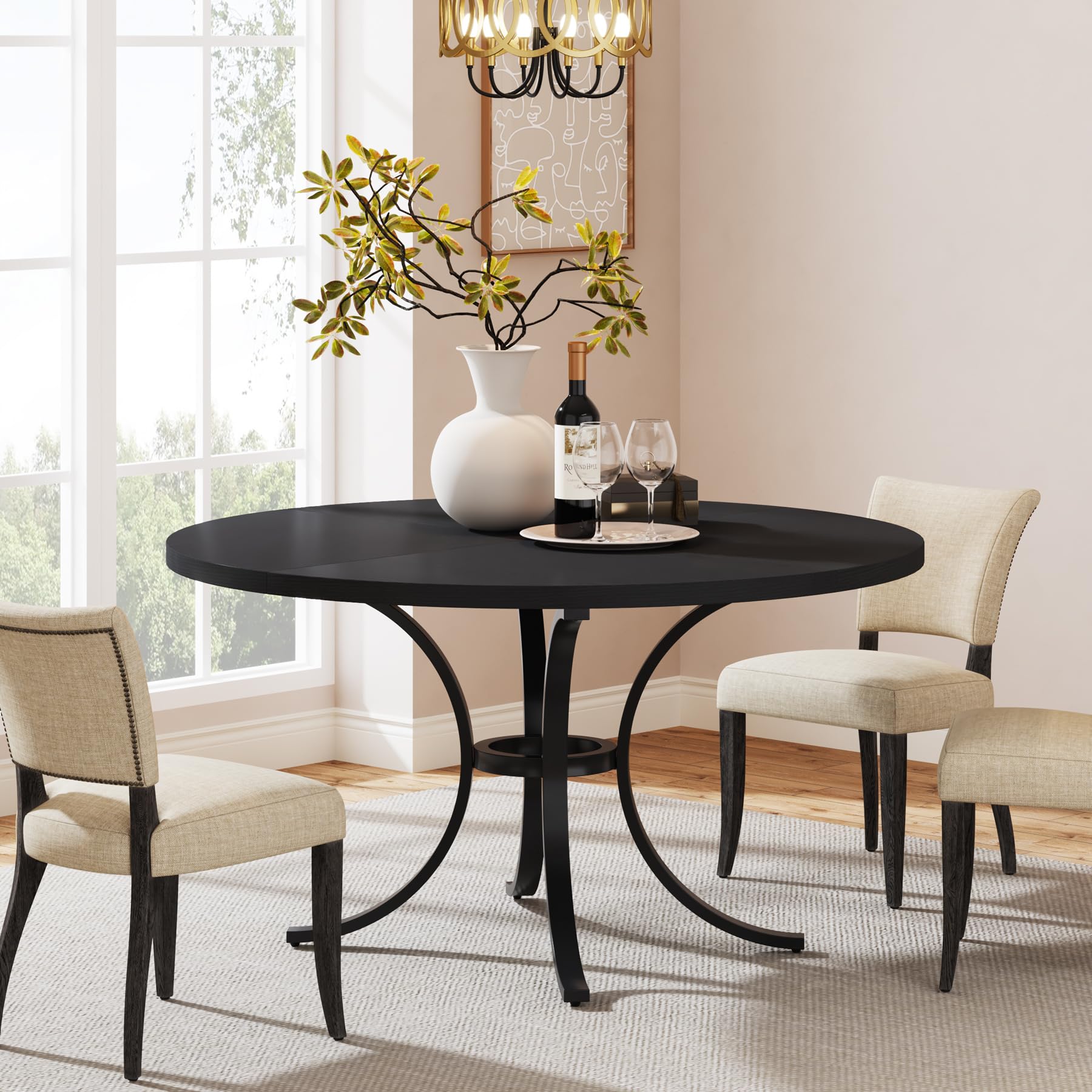 120cm Round Dining Table for 4-6 People Farmhouse Kitchen Table with Wooden Texture Surface & Pedestal Round Table