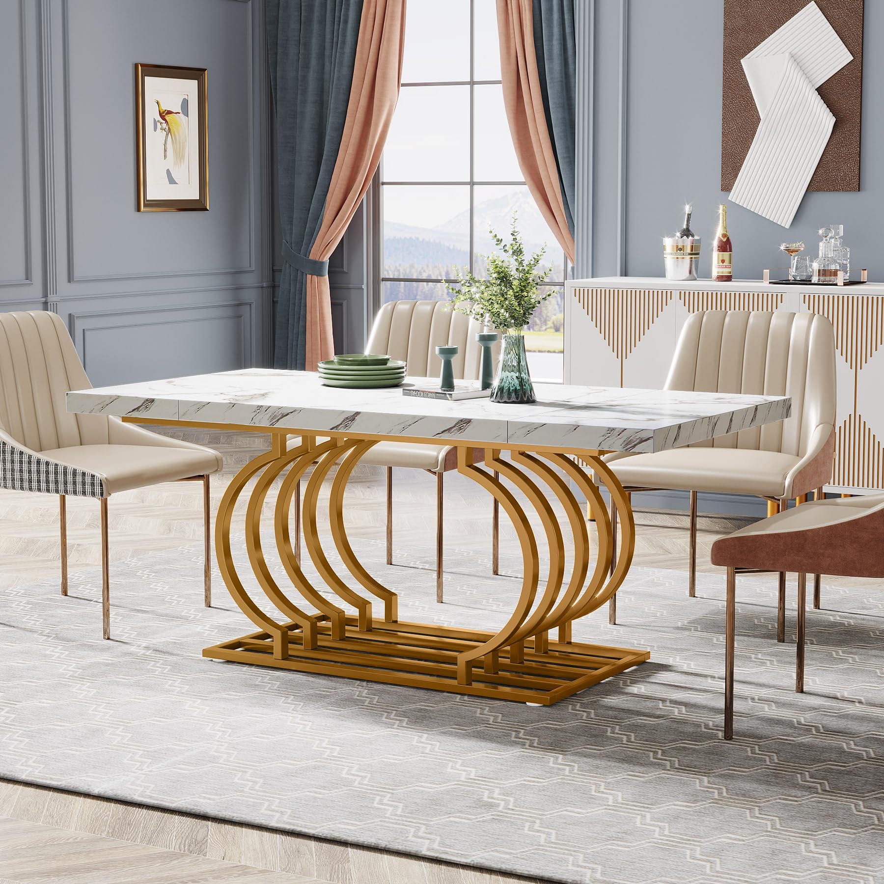 Modern Dining Table, 160cm Faux Marble Wood Kitchen Table for 6 People, Rectangular Dinner Room Table with Geometric Frame for Kitchen, Dining Room, White Gold