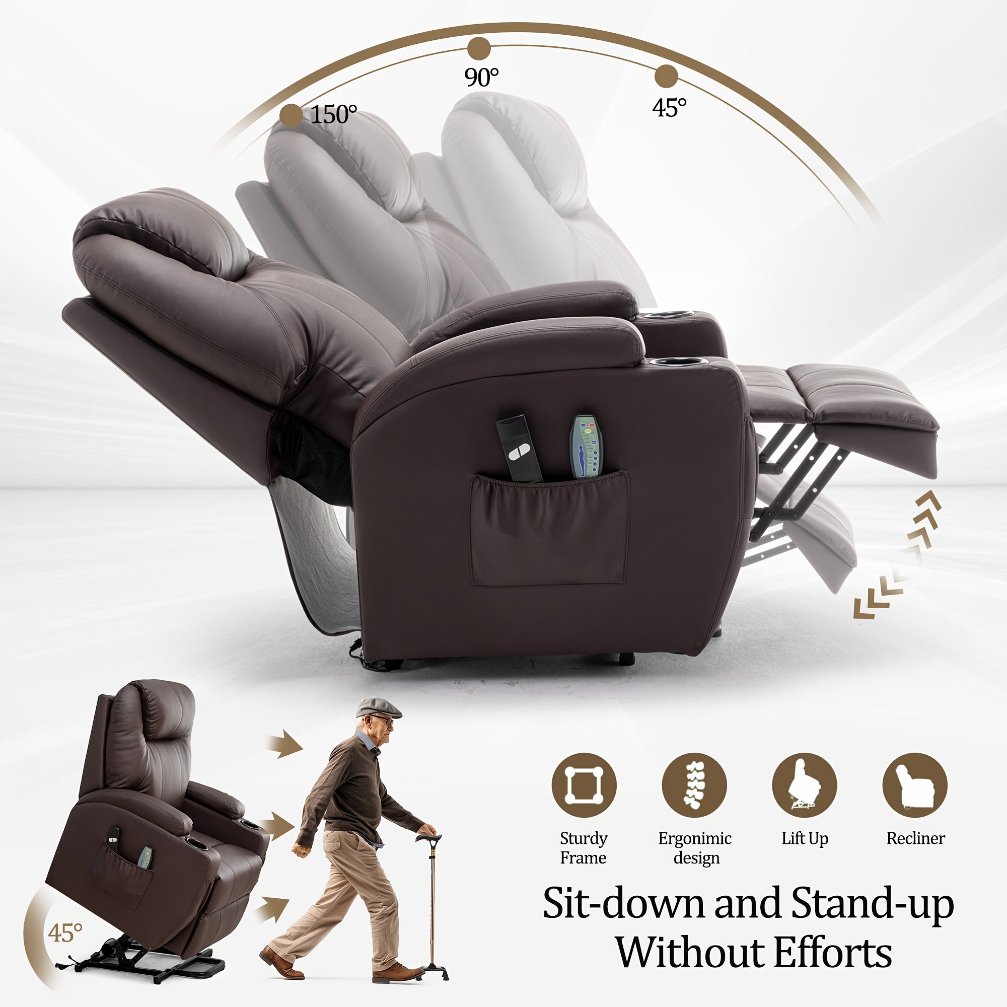 Faux Leather Power Lift Recliner Chair For Elderly And Adults, Electric Recliner With Massage And Heating, Recliner Chair With Remote Control And Cup Holder