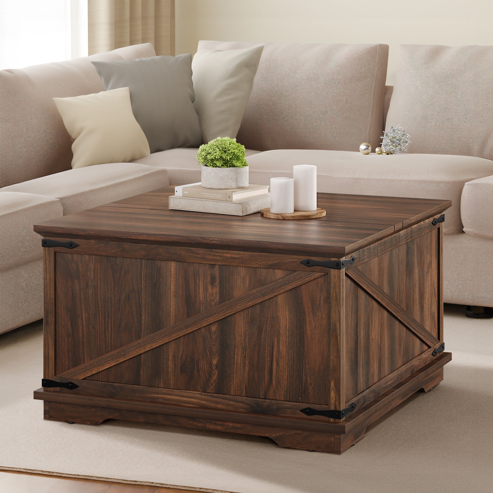 Solid Wood and Wood-Based Panel Farmhouse Coffee Table, Hardwood Construction, with Lift-Top and Storage Compartment, for Living Room, Ideal for Thanksgiving, Christmas, and Halloween Gifts