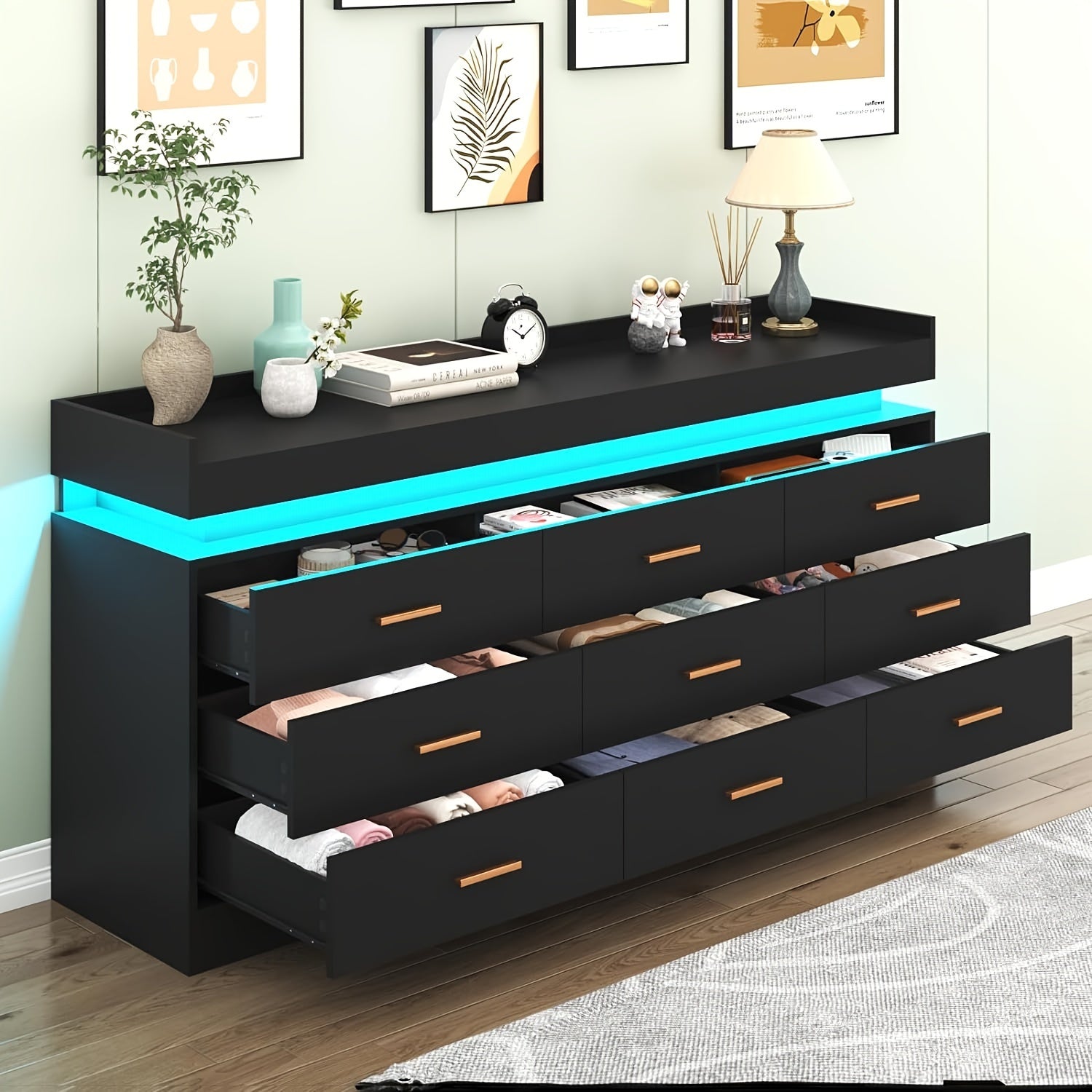9 Drawer Dresser With LED Light Modern Chest Of Drawers For Closet Wide Drawer Organizer Cabinet For Bedroom Living