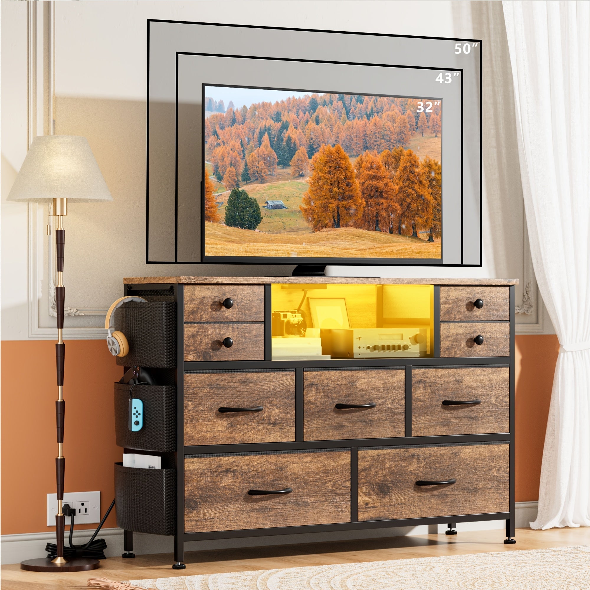 Spacious 9-Drawer Dresser with LED Lights & Charging Station - Rustic Wood Finish, Black Accents, Side Pockets for Bedroom Essentials, Fits 55" TV - Ideal for Bedroom, Living Room, Hallway, Dresser for Bedroom