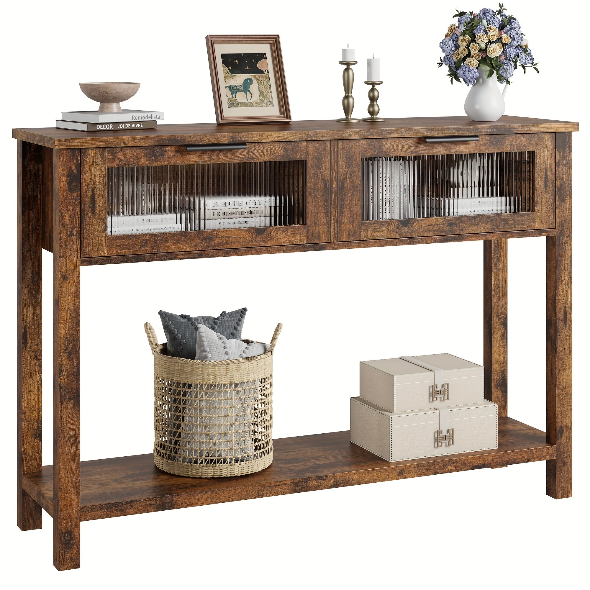 Entryway Table Wood Console Table with 2 Glass Drawers 2 Tier Sofa Table with Storage for Living Room Foyer Tables