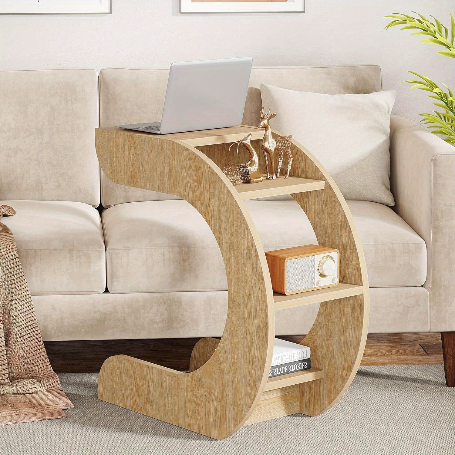 1pc Contemporary Arc-Shaped Wooden Side Table with Multi-Level Storage, Space-Saving Design, Ideal for Living Room Furniture and Christmas Gifts