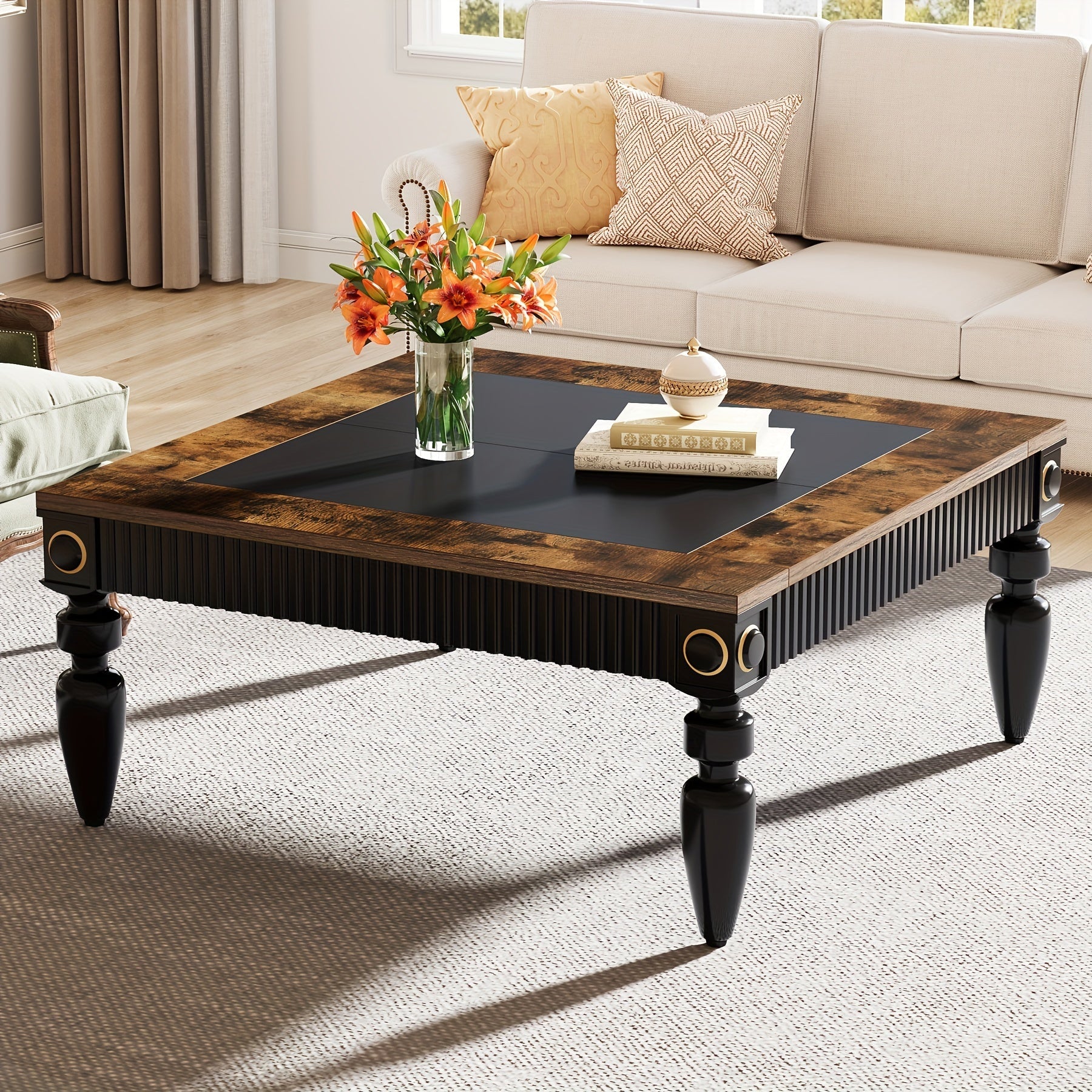 Square Coffee Table, 43" In Size With Sturdy Solid Wood Legs, Ideal For Living Room As A Large Centerpiece, Cocktail, Tea, Or Accent Table, Easy And Simple Assembly Required